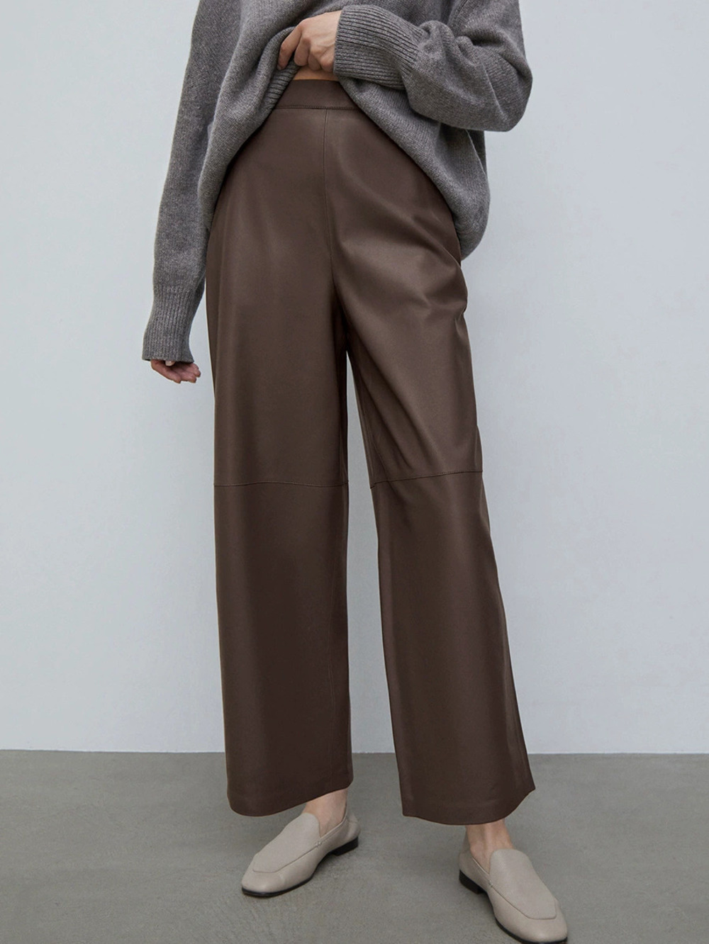 ZARA High Waist Leather Straight Leg Loose Versatile Long Trousers Fall Winter